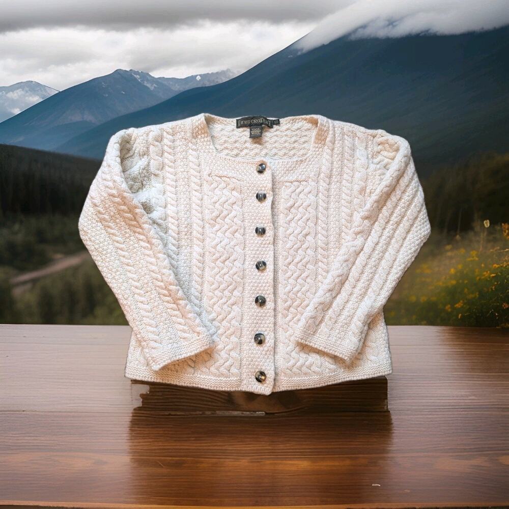 Inis Crafts 100% Merino Wool Cable Knit Cardigan S Ivory Irish Fisherman Sweater